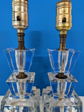 Vintage Clear Block  Glass Crystal Table Lamps - Pair